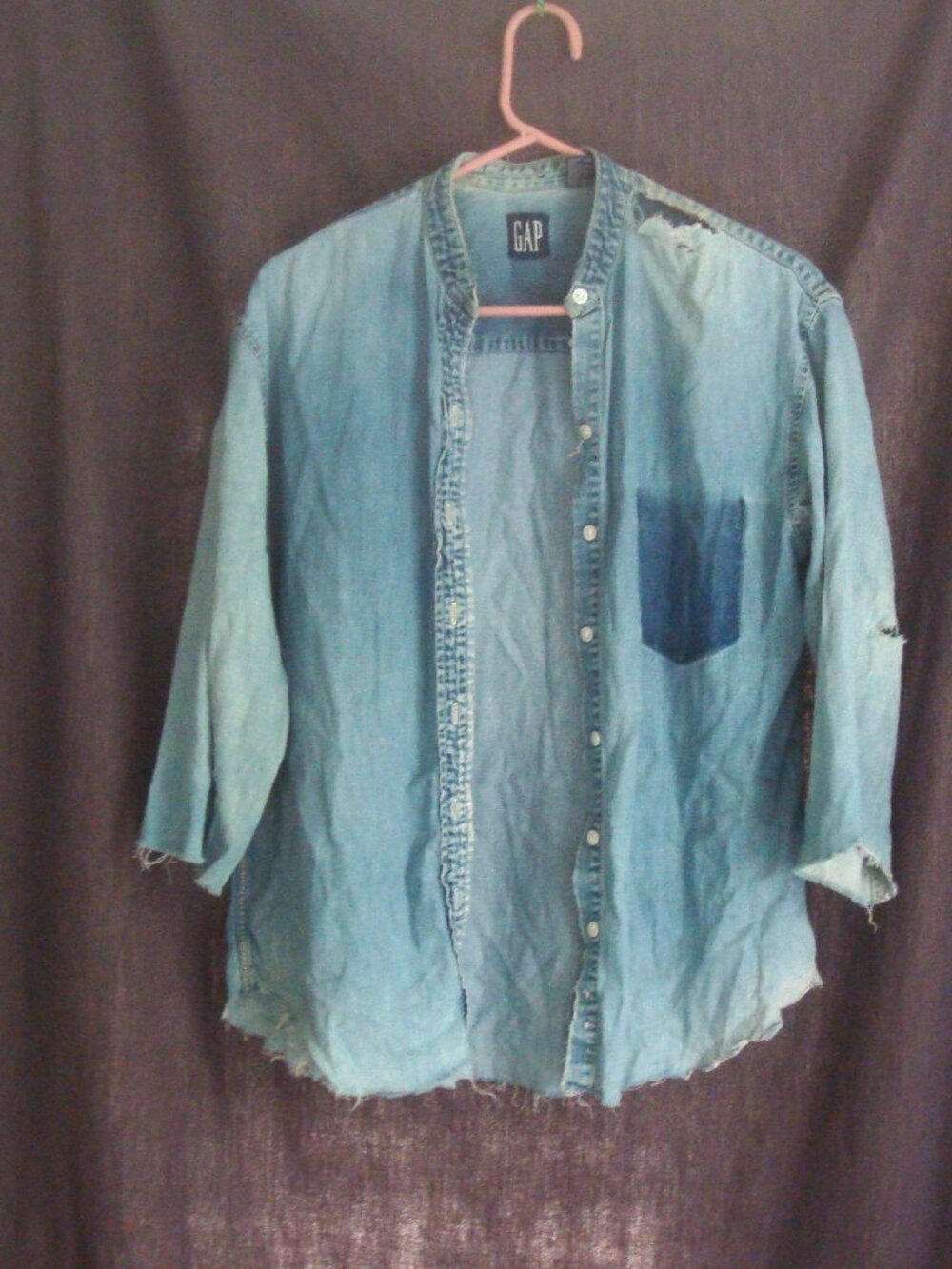 Destroyed Thrashed GAP Denim Shirt Authentic Wear Holes